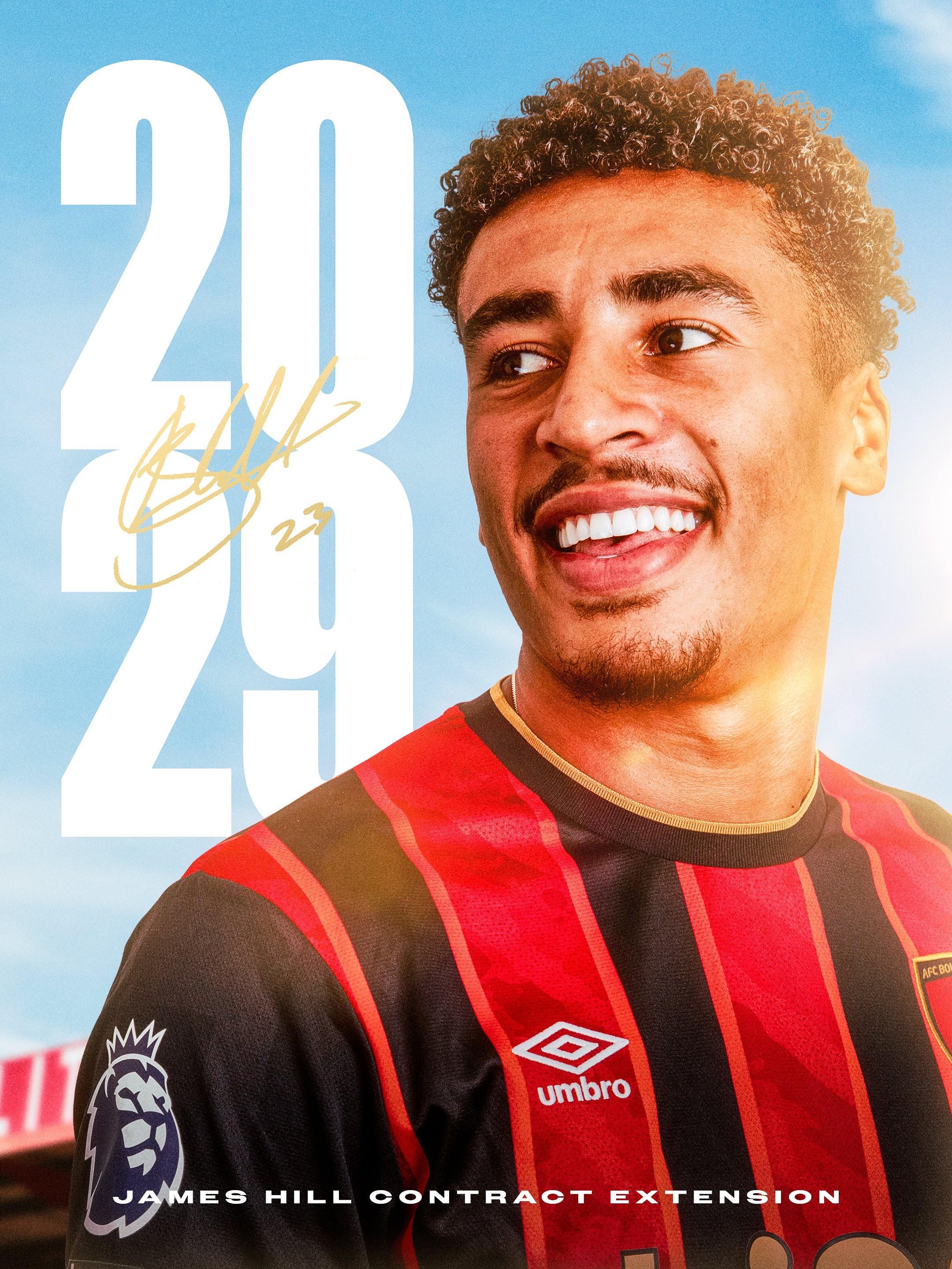 官方：伯恩茅斯与23岁后卫詹姆斯-希尔续约至2029年